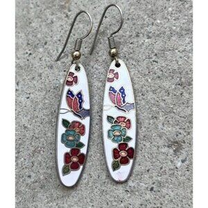 Vintage Enamel Flower & Butterfly Brass Earrings Pierce Dangle Work Gold Tone